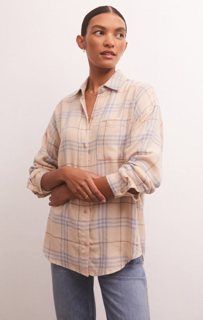 River Plaid Button Up - PLaid button down, long sleeve, white and blue