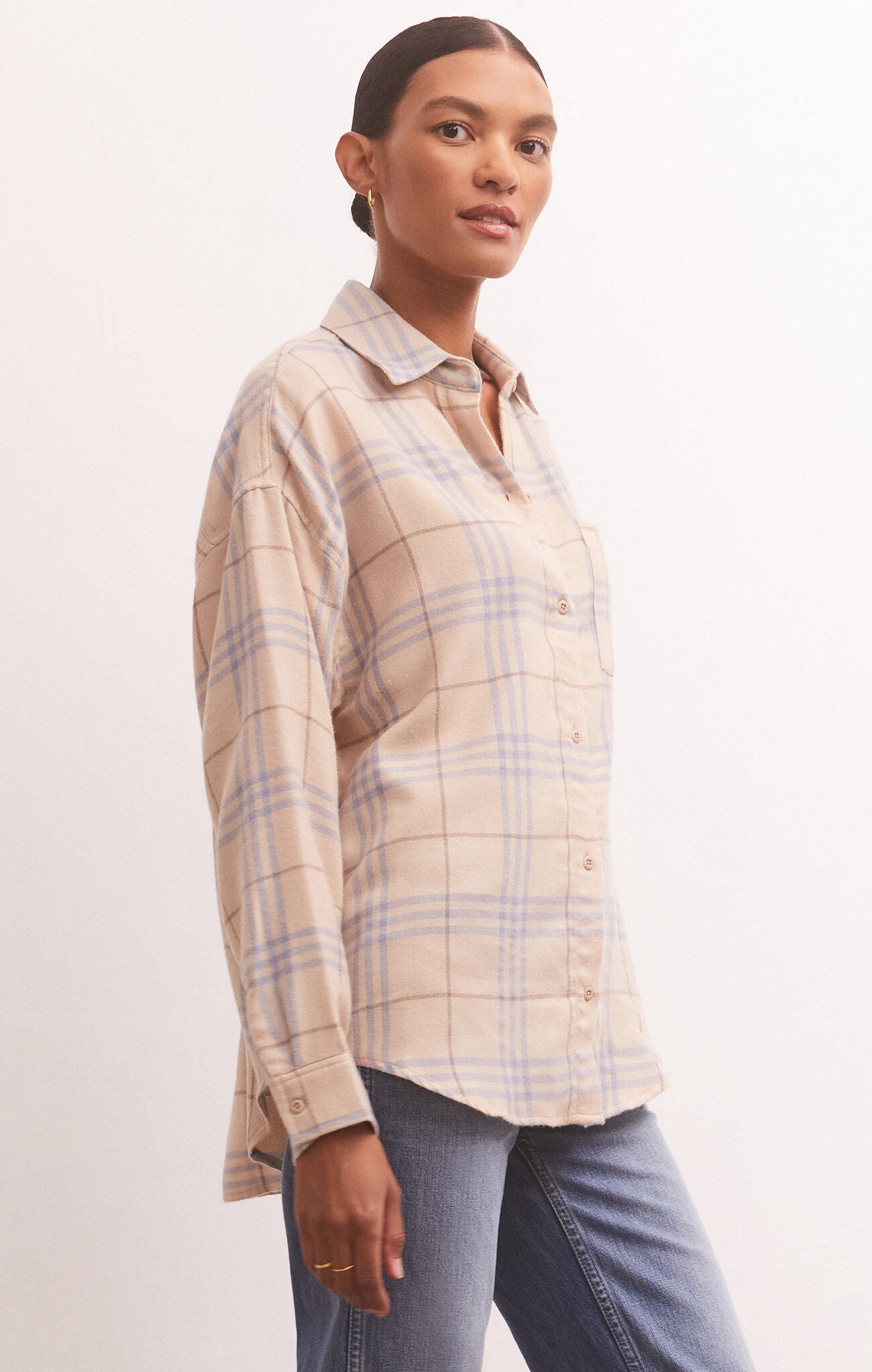 River Plaid Button Up - PLaid button down, long sleeve, white and blue