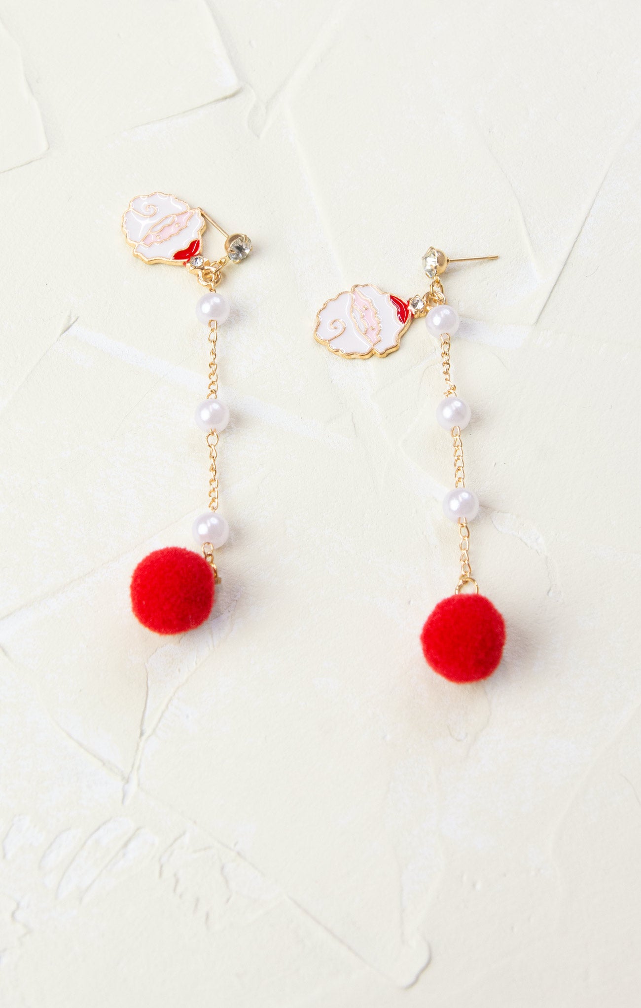 Santa Pom Pom Drop Earrings, santa heads, red pom poms, parl and gold