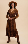 shop at grace, Savanna Velvet Dress, mocha, v-neck,long sleeves, cinches wrists, maxi dress