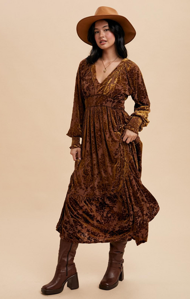 shop at grace, Savanna Velvet Dress, mocha, v-neck,long sleeves, cinches wrists, maxi dress