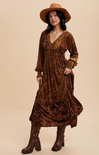 shop at grace, Savanna Velvet Dress, mocha, v-neck,long sleeves, cinches wrists, maxi dress