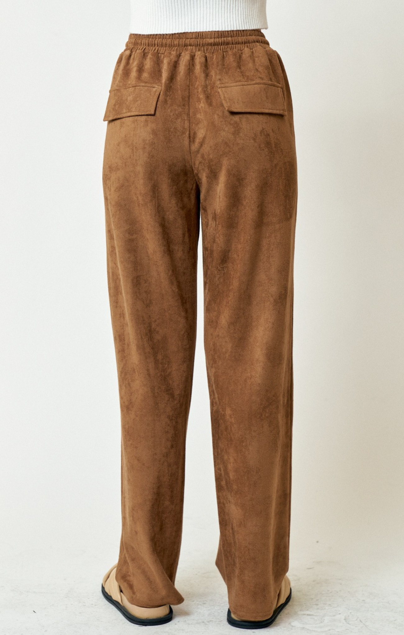 Scout Suede Pants, brown, drawstring waist, two front pockets, suede pants