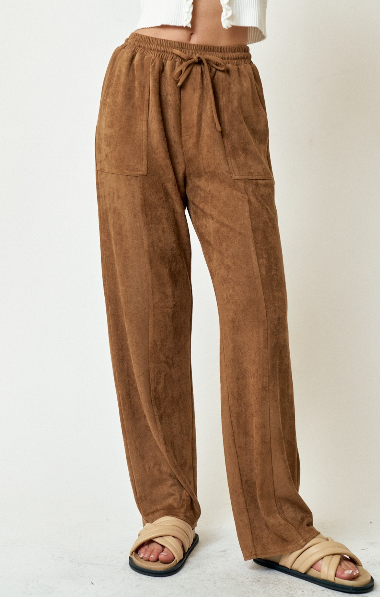 Scout Suede Pants, brown, drawstring waist, two front pockets, suede pants