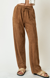 Scout Suede Pants, brown, drawstring waist, two front pockets, suede pants