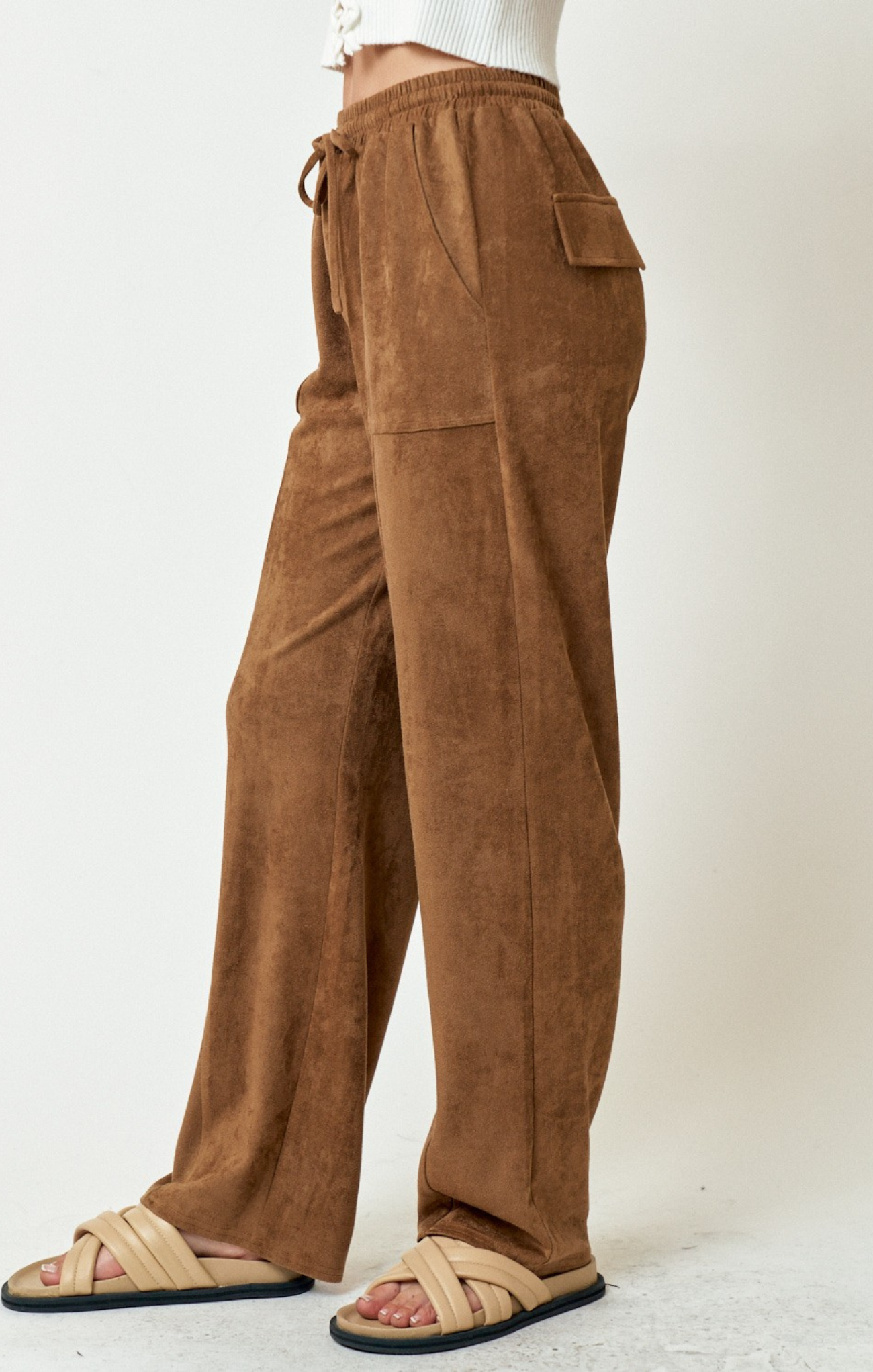 Scout Suede Pants, brown, drawstring waist, two front pockets, suede pants