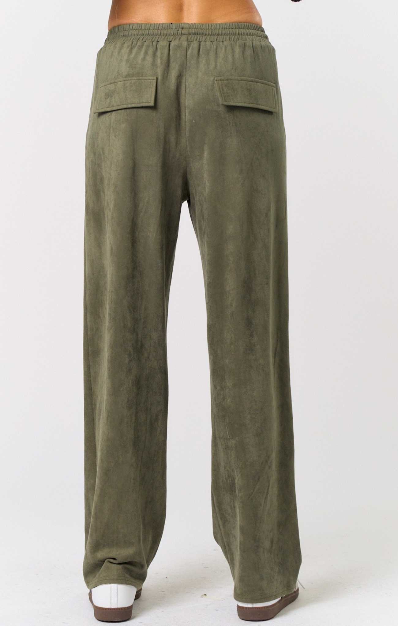 Scout Suede Pants, olive, drawstring waist, two front pockets, suede pants