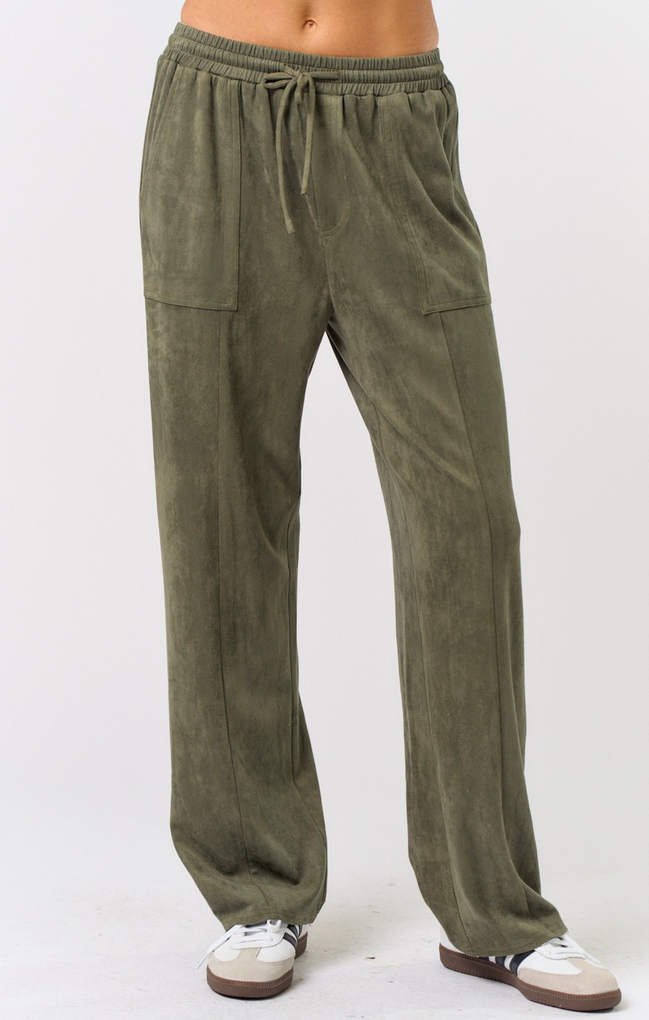 Scout Suede Pants, olive, drawstring waist, two front pockets, suede pants