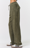 Scout Suede Pants, olive, drawstring waist, two front pockets, suede pants