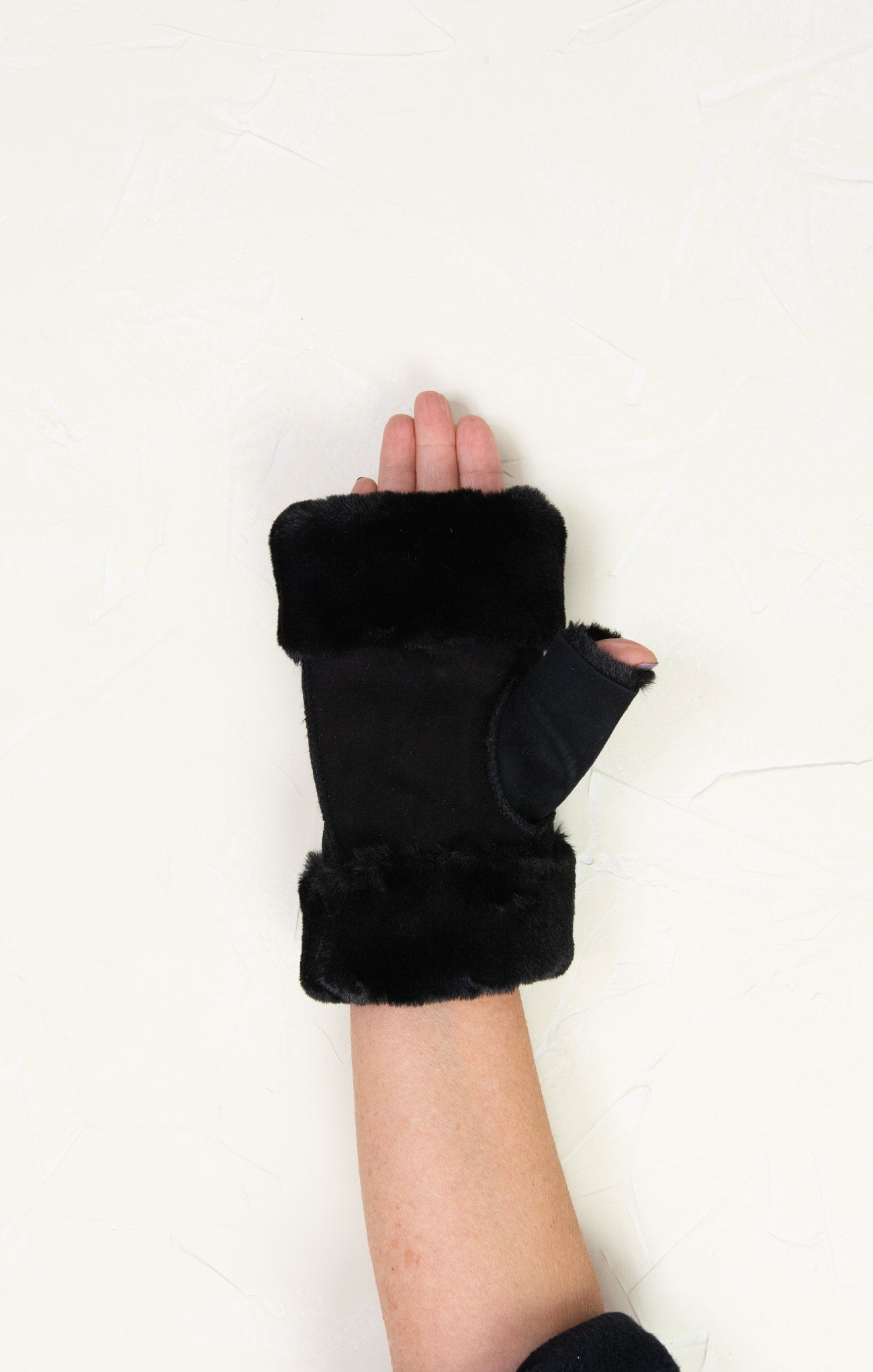 Shop At Grace, Sheepskin Shearling Fingerless Gloves, black, fingerless mittens, on hand