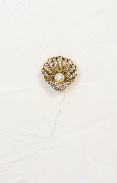 Shell & Pearl Brooch, gold, pearl detail, rhinestoned, nautical 