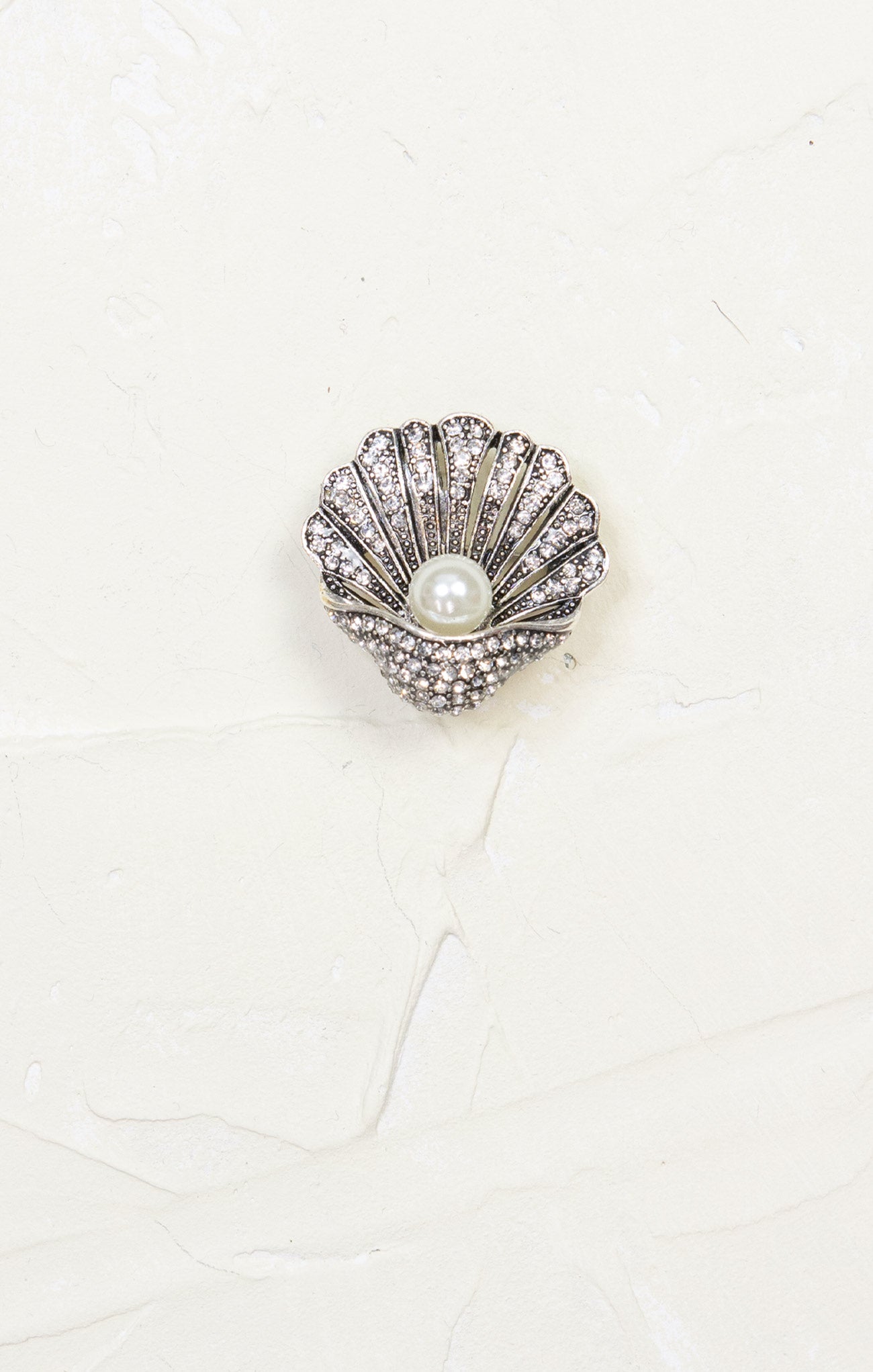 Shell & Pearl Brooch, silver, pearl detail, rhinestoned, nautical 