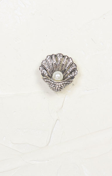 Shell & Pearl Brooch, silver, pearl detail, rhinestoned, nautical 