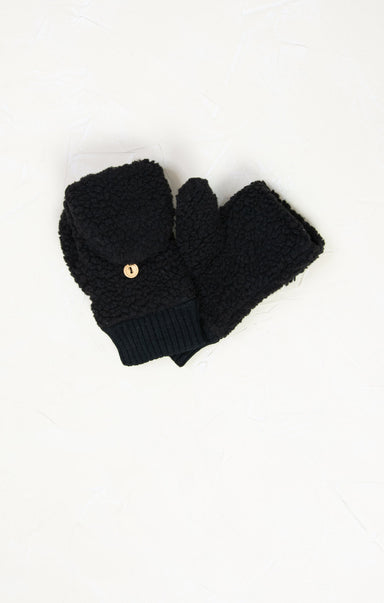 shop at grace, sherpa flip mittens, black, sherpa fabric, flip mittens