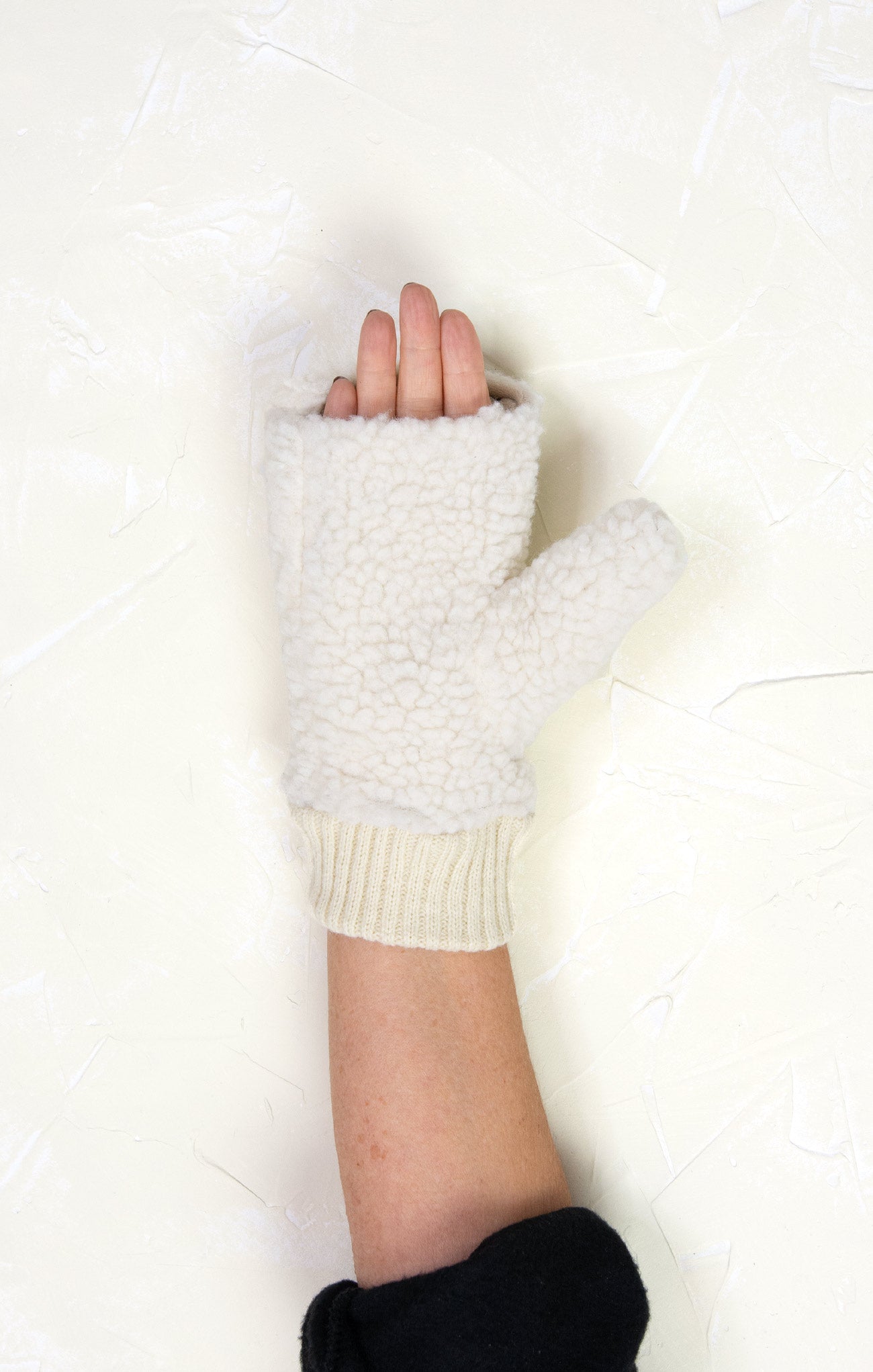 shop at grace, sherpa flip mittens, ivory, sherpa fabric, flip mittens, on hand