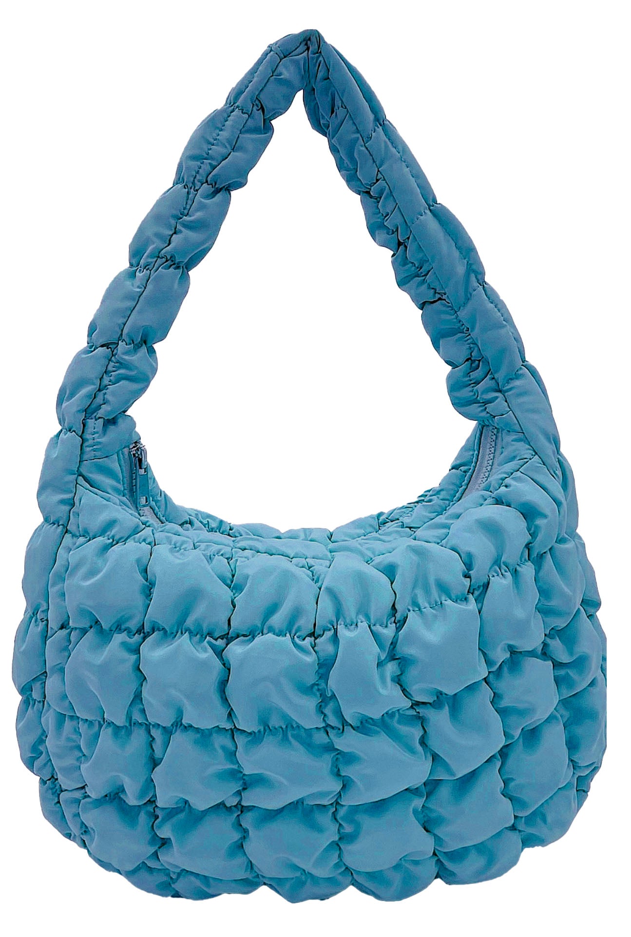 small quilted bag, aqua, zipper closure, top handle