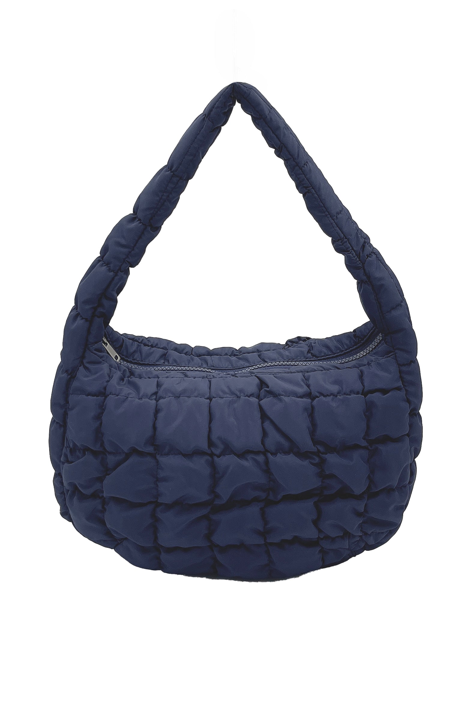 small quilted bag, navy, zipper closure, top handle