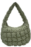 small quilted bag, sage, zipper closure, top handle