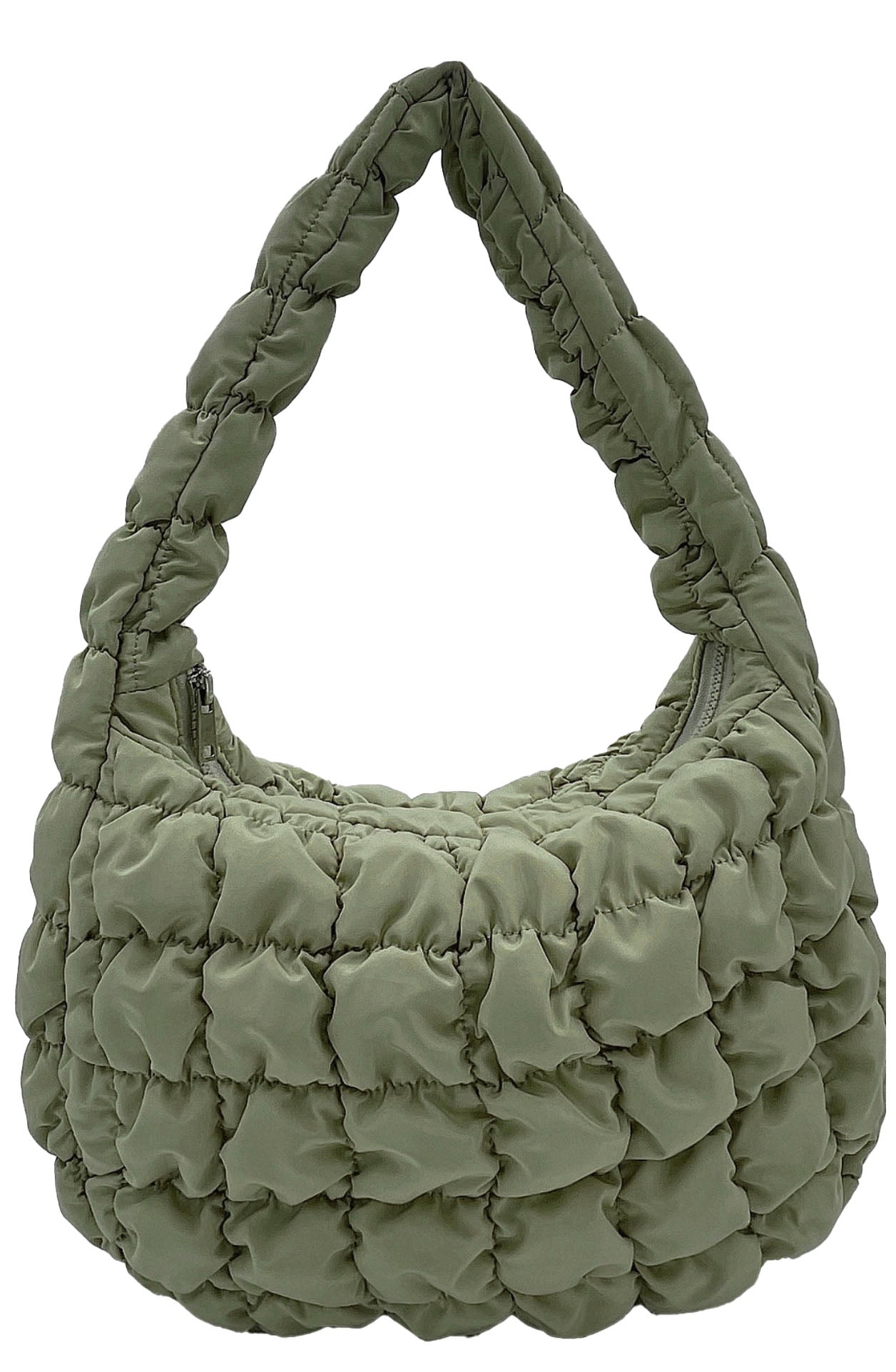 small quilted bag, sage, zipper closure, top handle