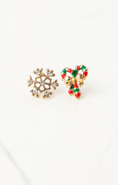 Snowflake and Candy Candy Earring Set, mismatched studs, stud gold earrings 