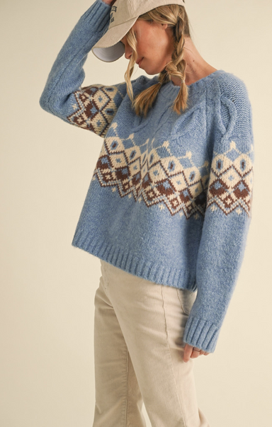 Shop At Grace, Snowy Fair Isle Sweater, light blue, fair isle pattern, long sleeves, winter sweater