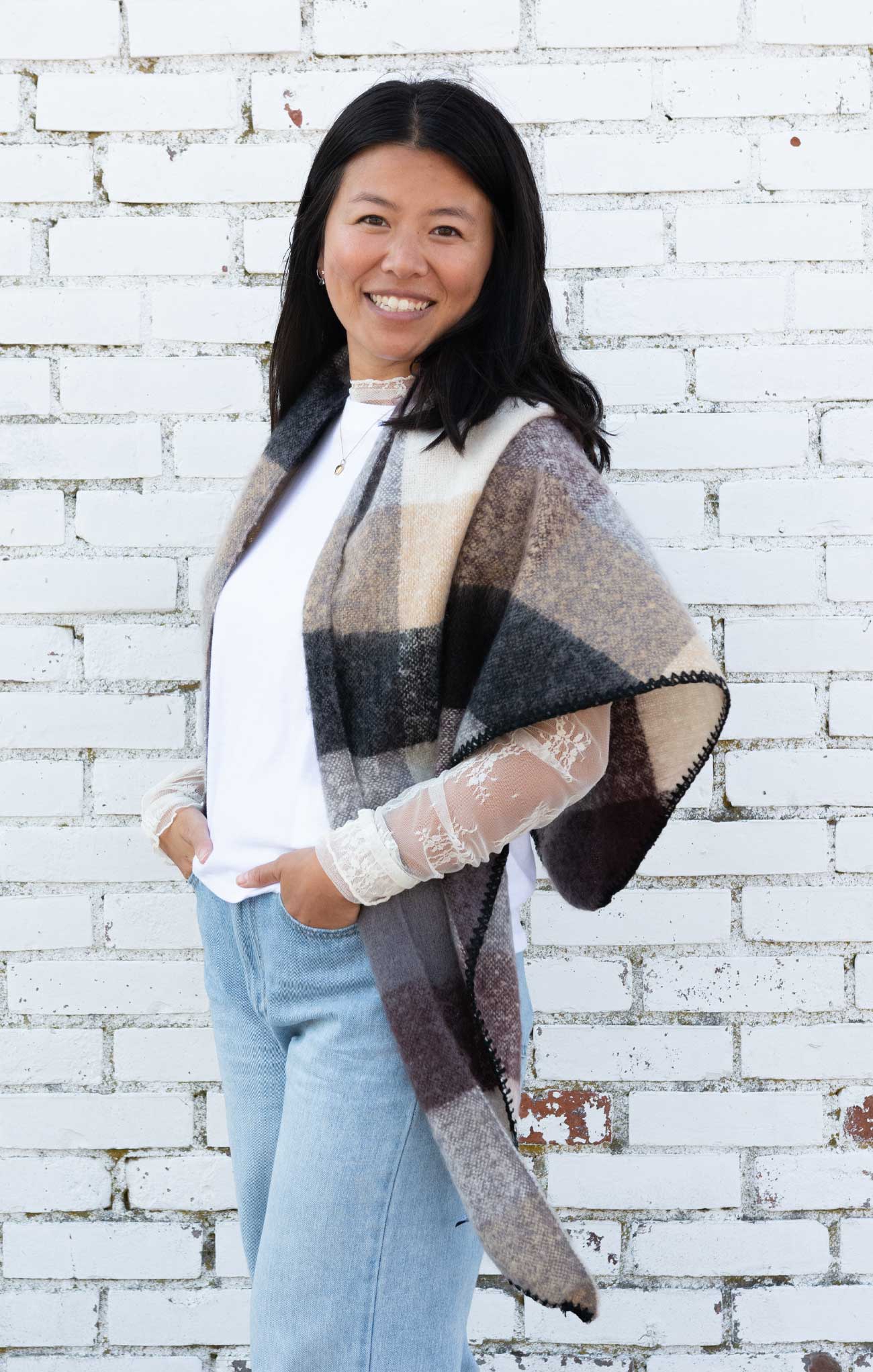 Shop At Grace, Sophia Asymmetrical Drape Scarf, brown checkered, wrap scarf, triangle scarf