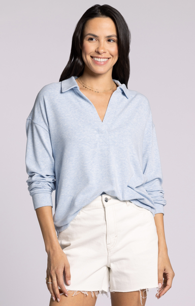 Shop At Grace, Taylor Top, sky blue heather, collared top, v-neck, longs sleeves 