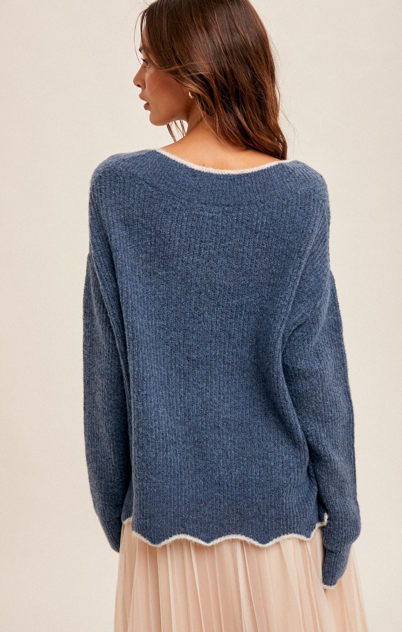 Vada Scallop Edge Sweater, blue, white scalloped edging, long sleeves, v-neck