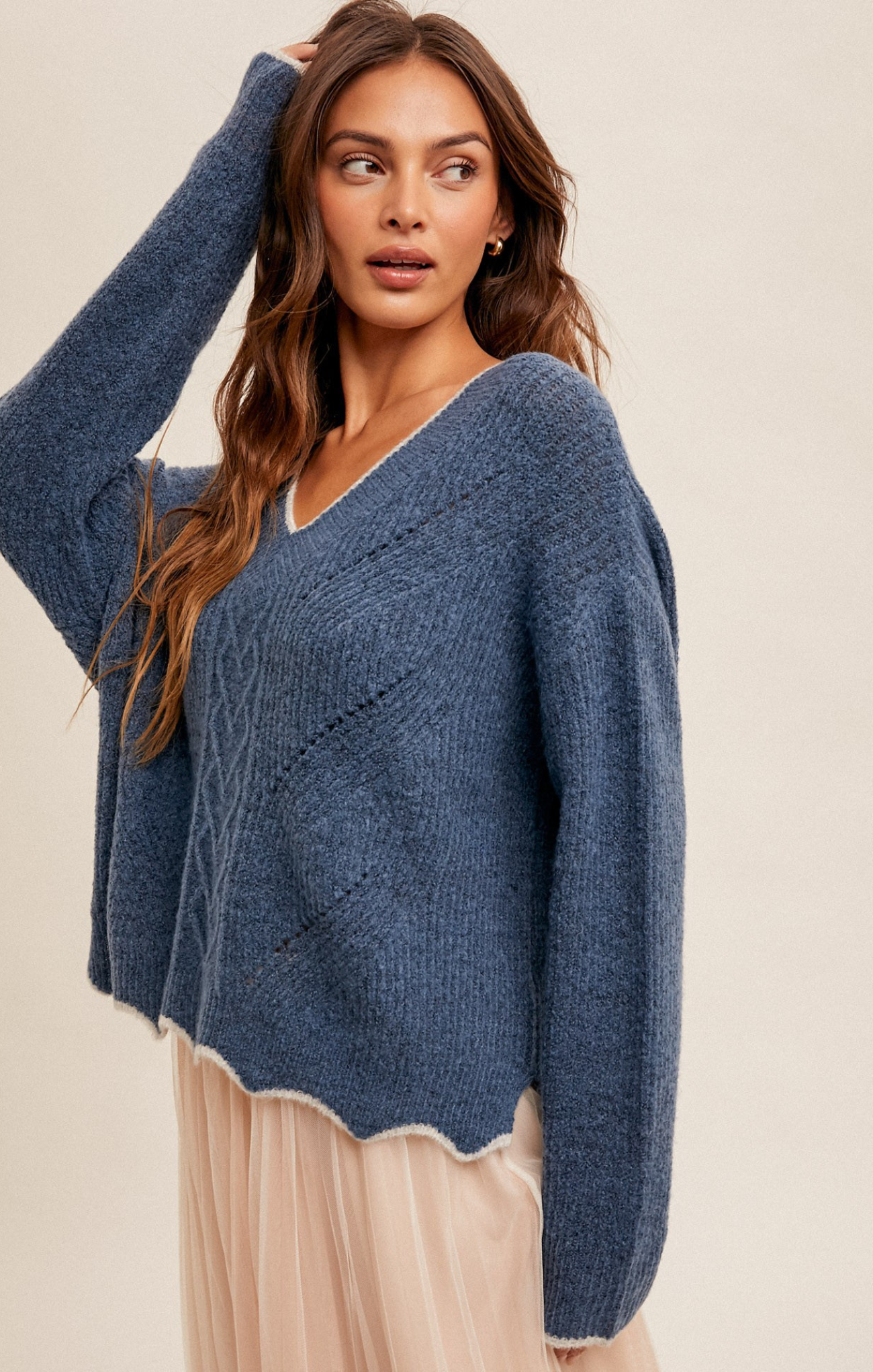 Vada Scallop Edge Sweater, blue, white scalloped edging, long sleeves, v-neck