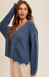 Vada Scallop Edge Sweater, blue, white scalloped edging, long sleeves, v-neck