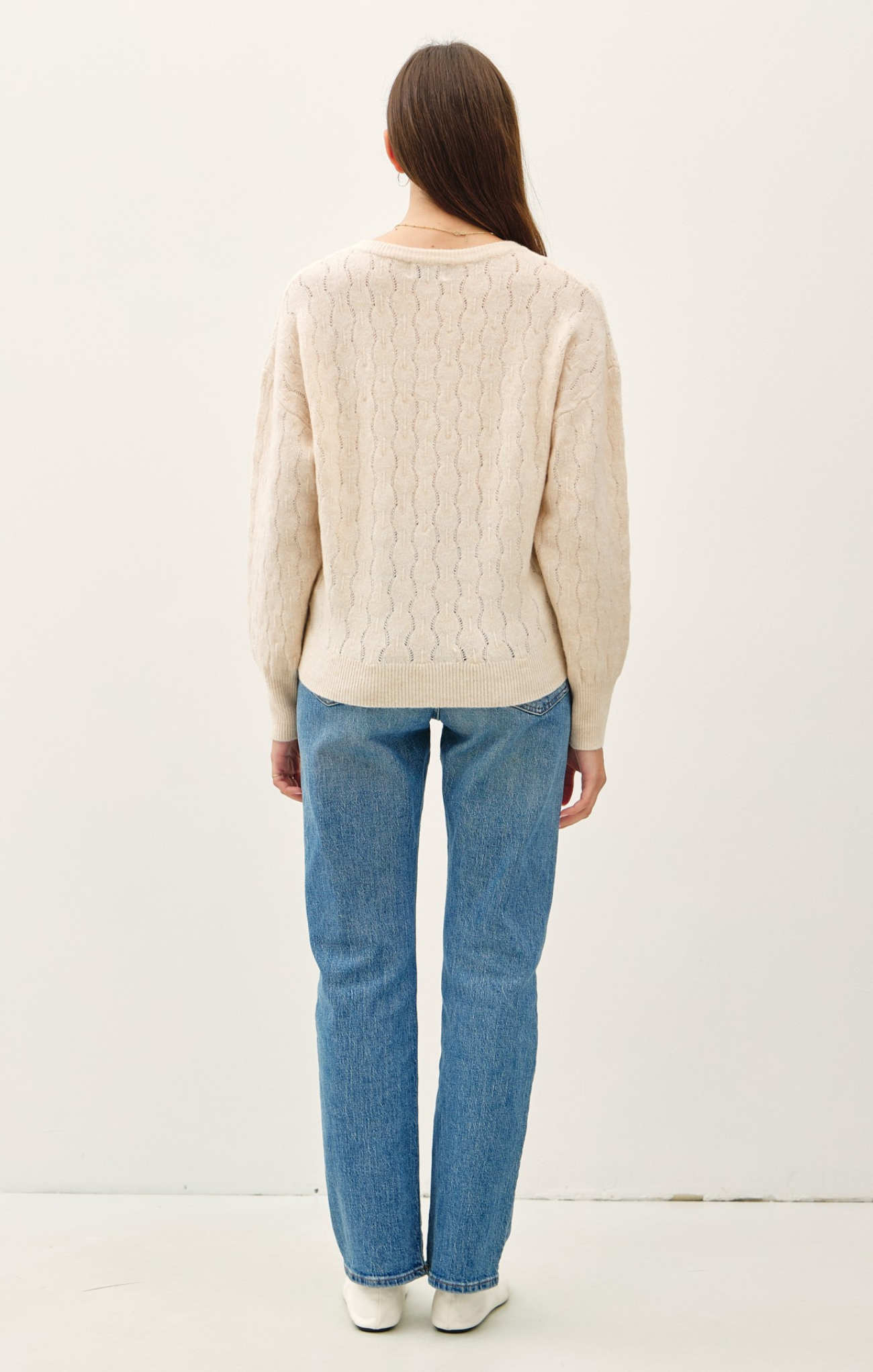 Shop At Grace, Valery Crochet Sweater, cream, long sleeves, u-neck, full length sweater