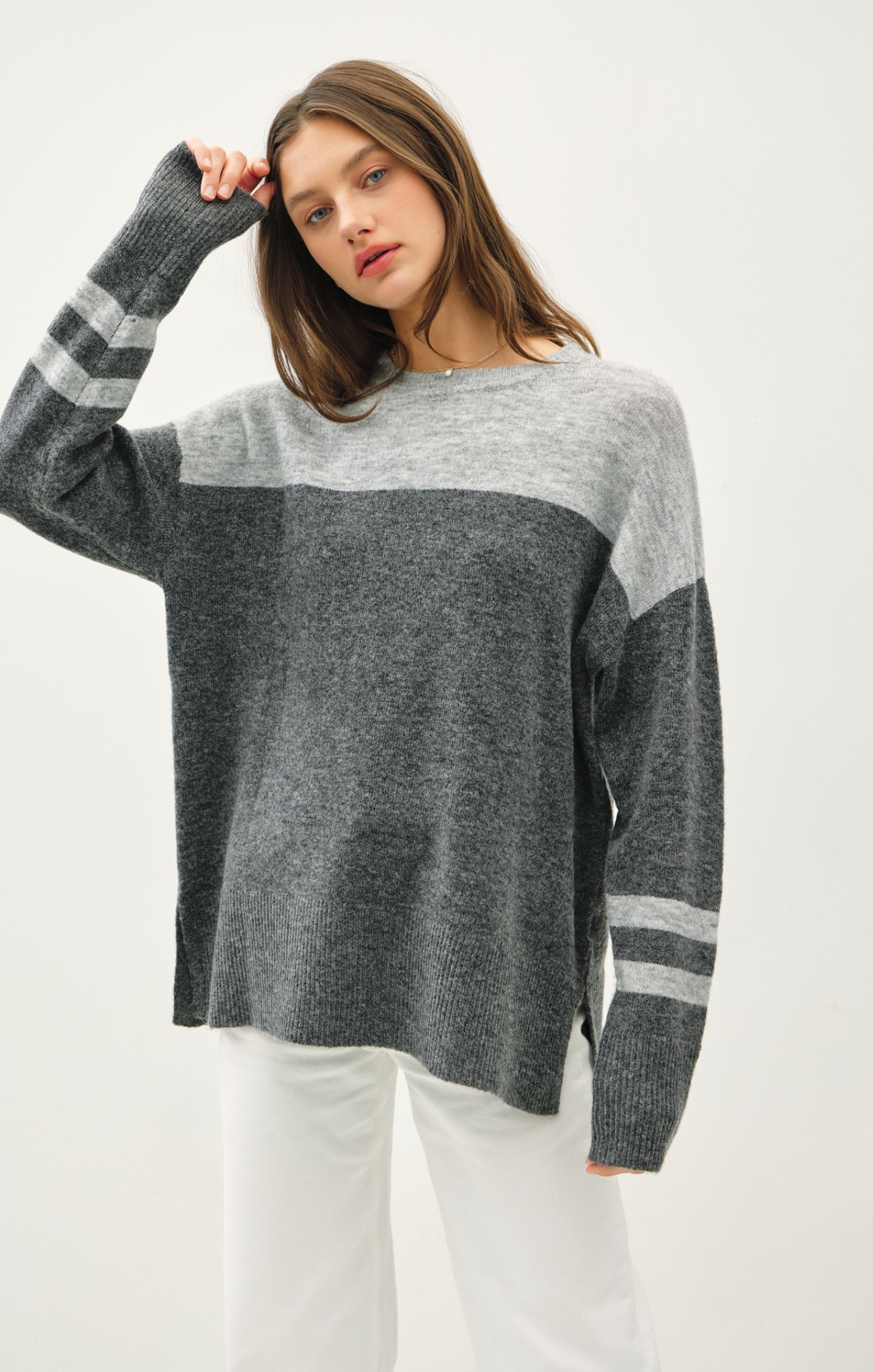 Shop At Grace, Varsity Stripe Sweater, charcoal, striped sleeves, grey color block, slit slides, sweater