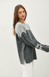 Shop At Grace, Varsity Stripe Sweater, charcoal, striped sleeves, grey color block, slit slides, sweater