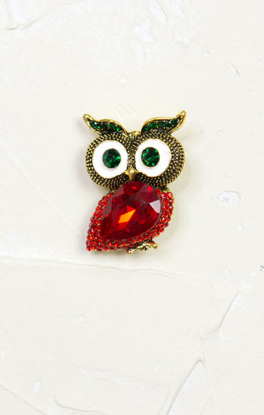 Vintage Owl Brooch, red, vintage feel, gold hardware