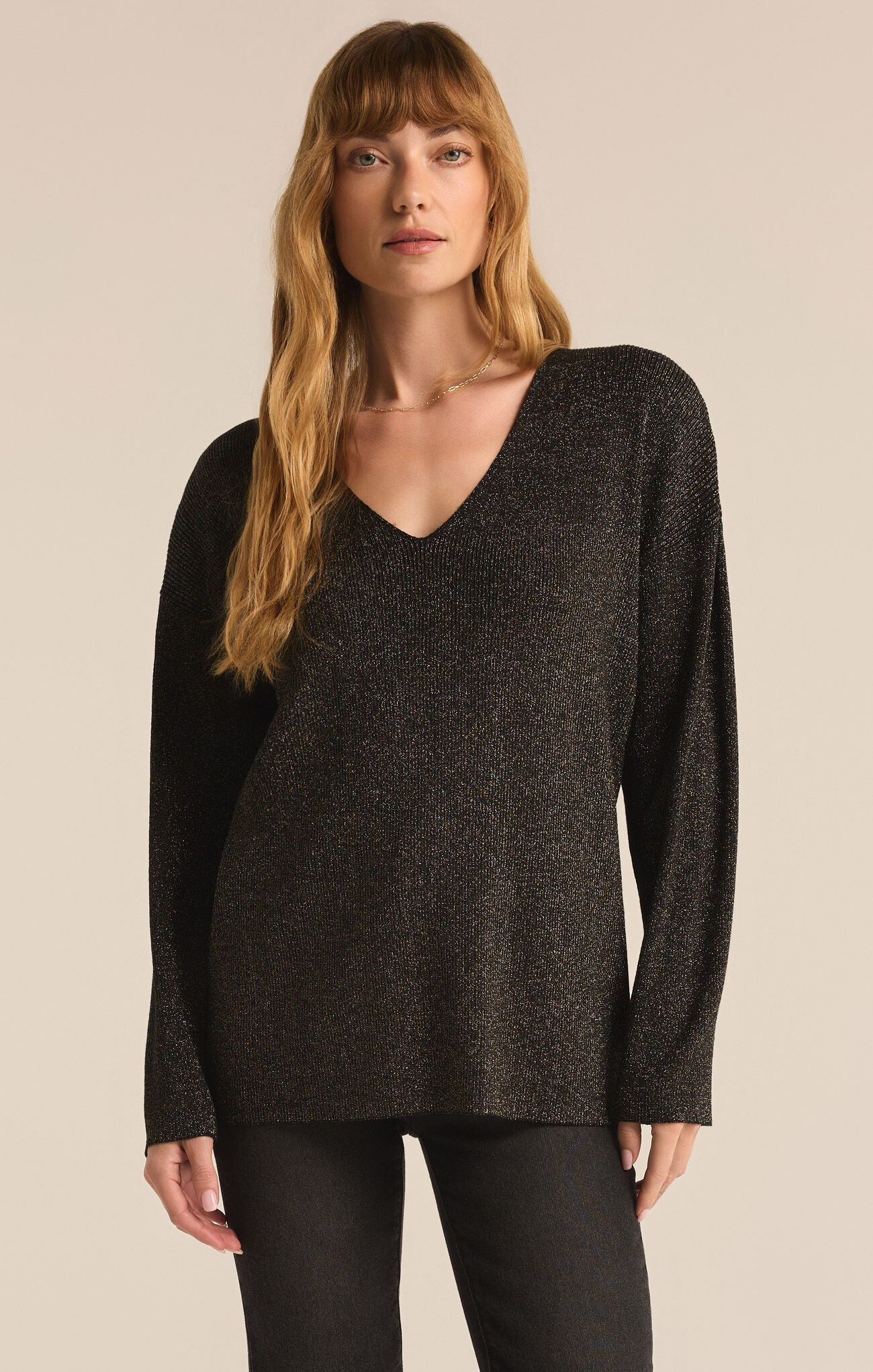 Shop At Grace, Z-Supply, Goldie V-Neck Sweater, black, long sleeves, v-neck, sparkle