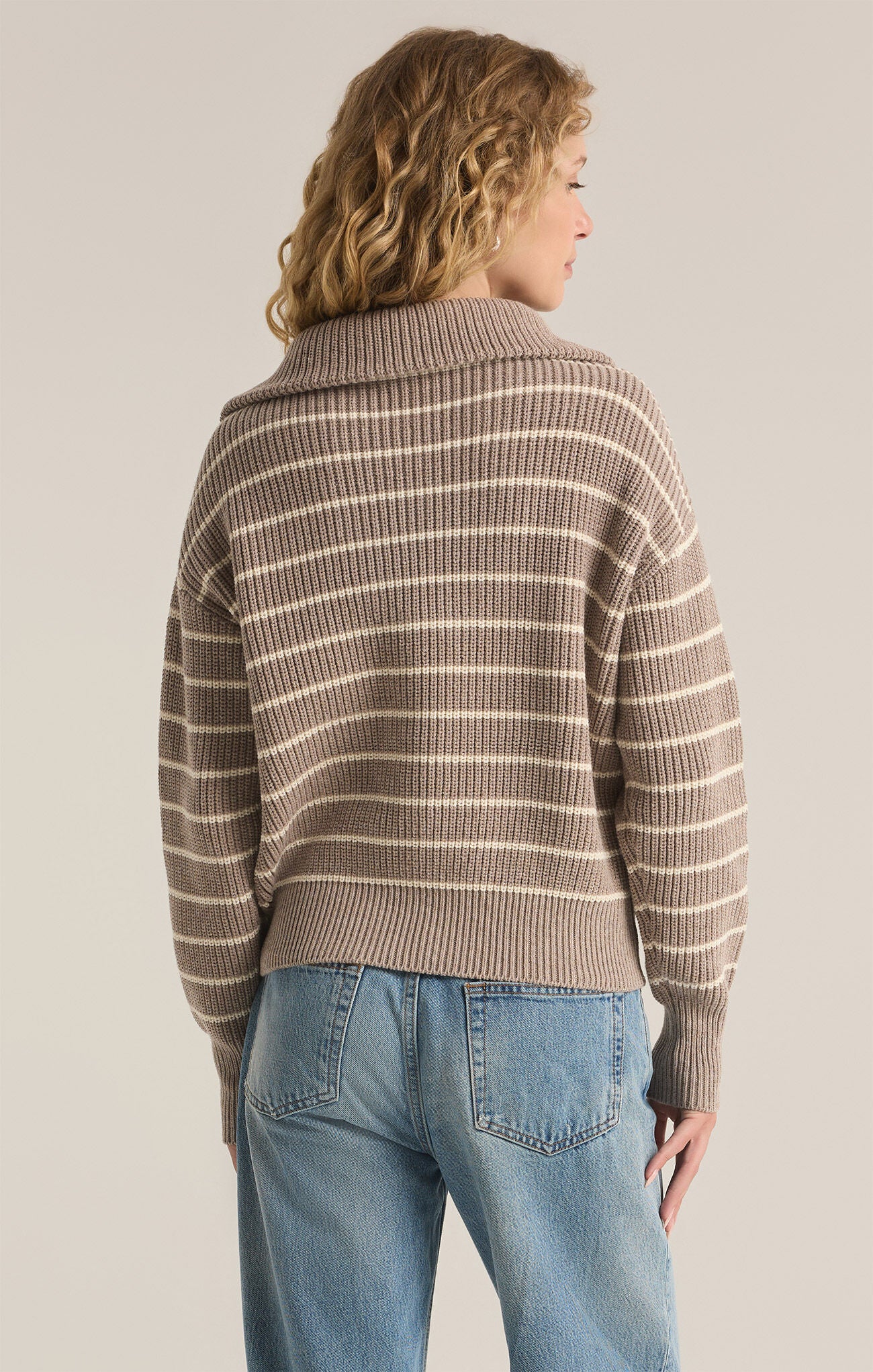 Shop At Grace, Z-Supply, Villa Half Zip Sweater, heather taupe, striped, zip closure, long sleeves