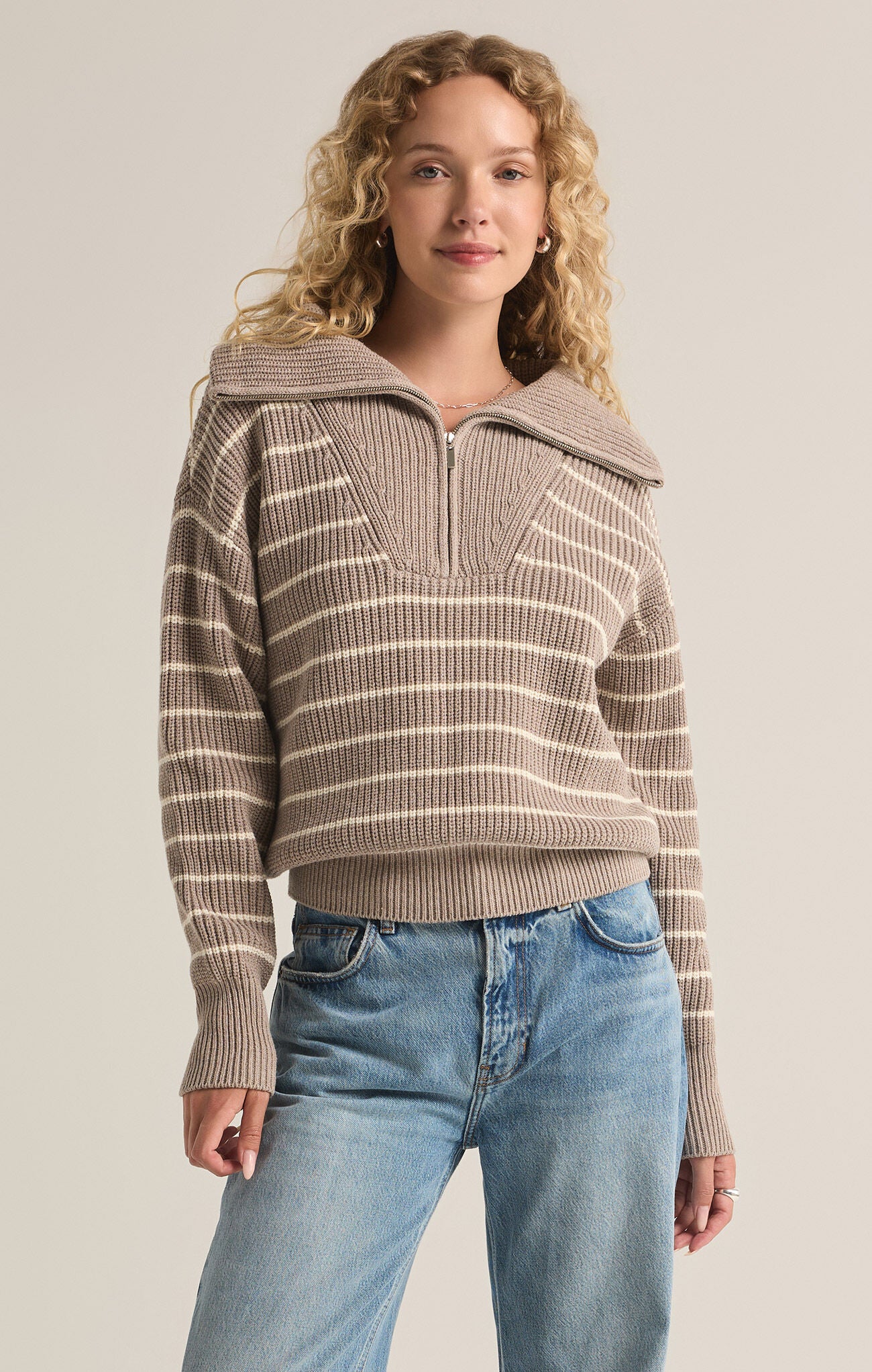 Shop At Grace, Z-Supply, Villa Half Zip Sweater, heather taupe, striped, zip closure, long sleeves