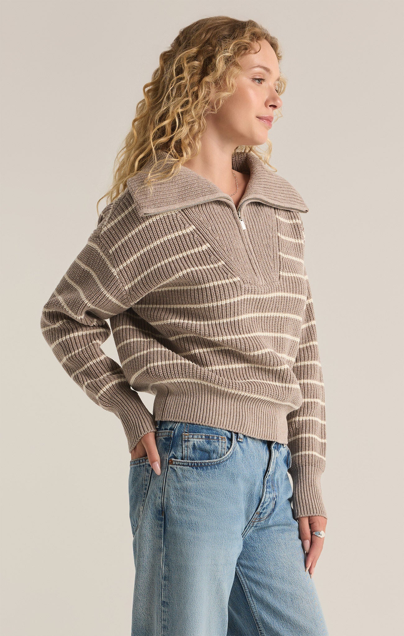 Shop At Grace, Z-Supply, Villa Half Zip Sweater, heather taupe, striped, zip closure, long sleeves