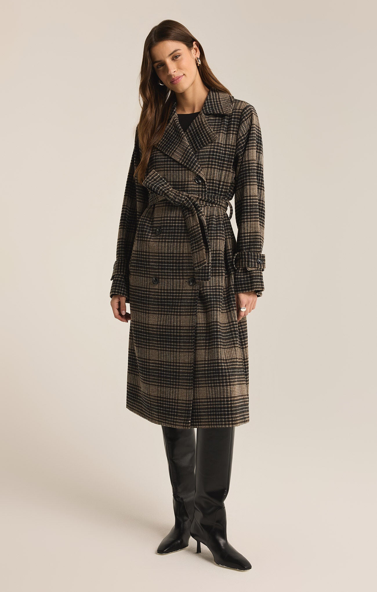 Z-Supply Jackie Plaid Trench, coat, color latte, plaid pattern, waist tie, front