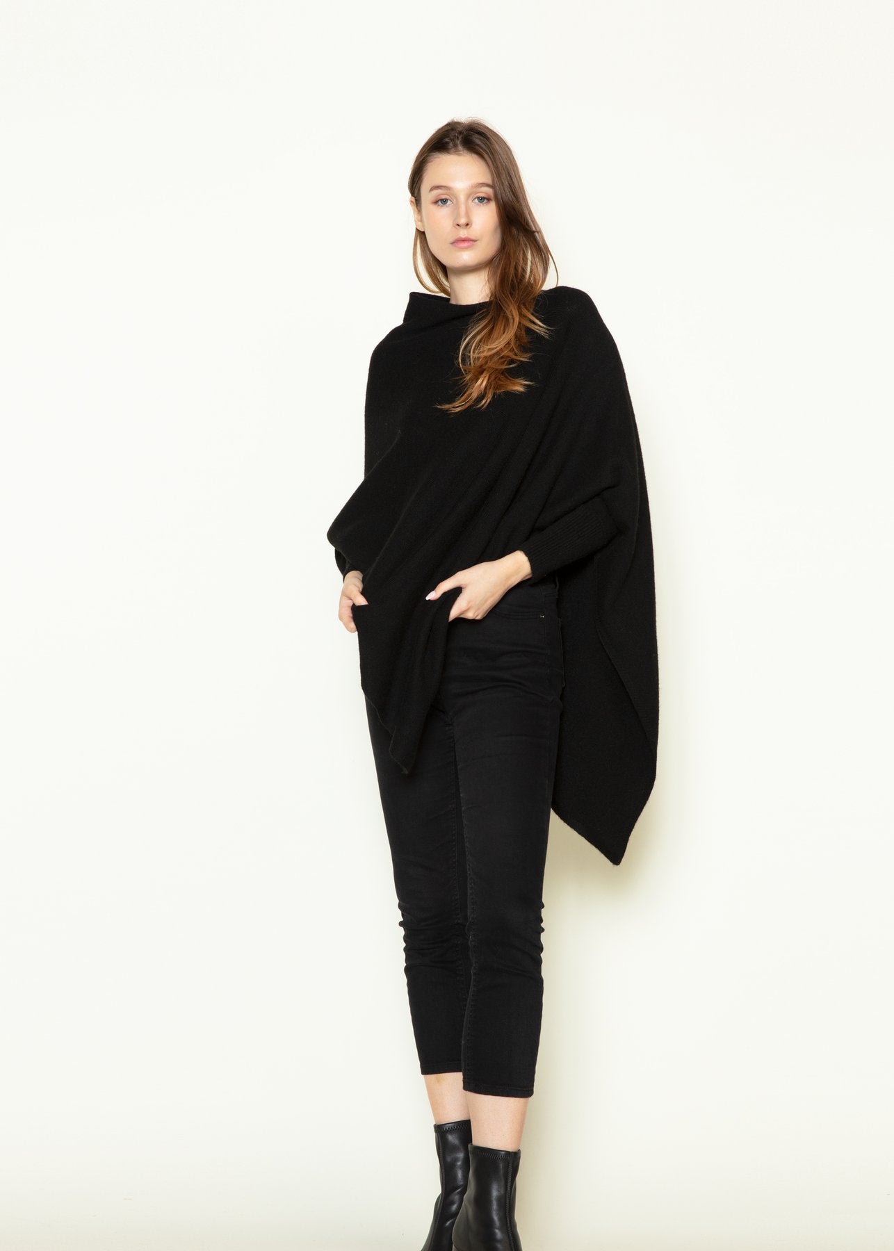 TRIANGLE PONCHO WITH SLEEVES-assorted colors,poncho with sleeeves,asymmetrical hem,knitted