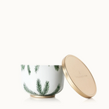 Frasier Fir Candle Tin with Gold Lid -  Tin Candle, White vessel with pine needles, Gold lid and base 